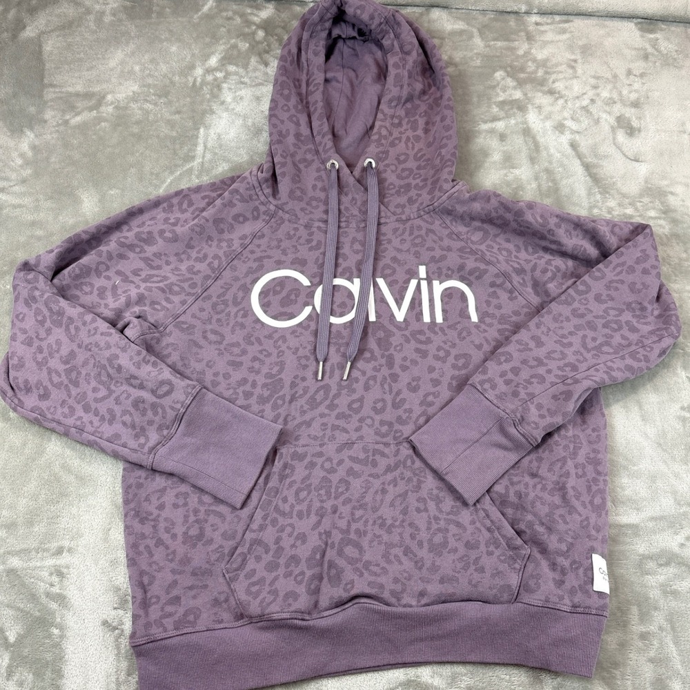 Calvin Klein Performance Purple Leopard Print Logo Hoodie Sweatshirt Large